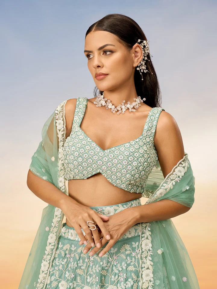 White Color Sequined Chinon Embroidered Semi-Stitched Lehenga choli green Lehenga