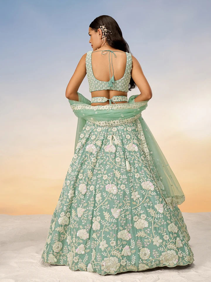 White Color Sequined Chinon Embroidered Semi-Stitched Lehenga choli green Lehenga