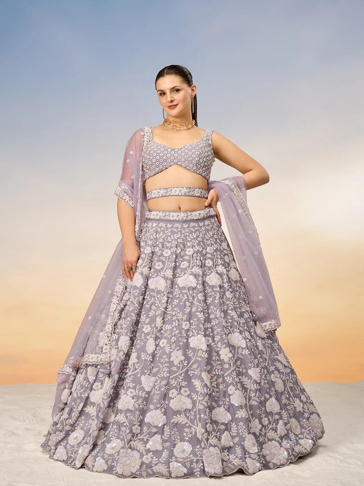 White Color Sequined Chinon Embroidered Semi-Stitched Lehenga choli green Lehenga