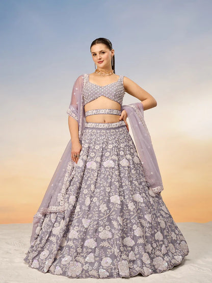 White Color Sequined Chinon Embroidered Semi-Stitched Lehenga choli green Lehenga