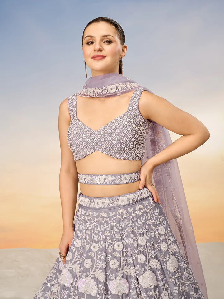 White Color Sequined Chinon Embroidered Semi-Stitched Lehenga choli green Lehenga