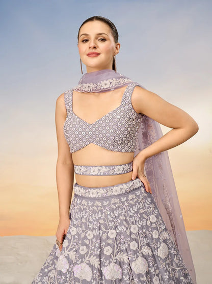 White Color Sequined Chinon Embroidered Semi-Stitched Lehenga choli green Lehenga