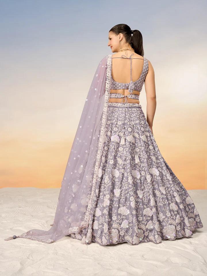 White Color Sequined Chinon Embroidered Semi-Stitched Lehenga choli green Lehenga