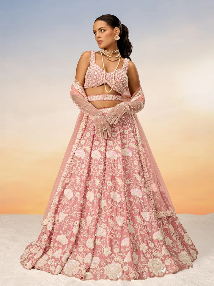 White Color Sequined Chinon Embroidered Semi-Stitched Lehenga choli green Lehenga