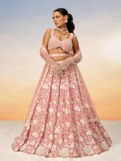 White Color Sequined Chinon Embroidered Semi-Stitched Lehenga choli green Lehenga