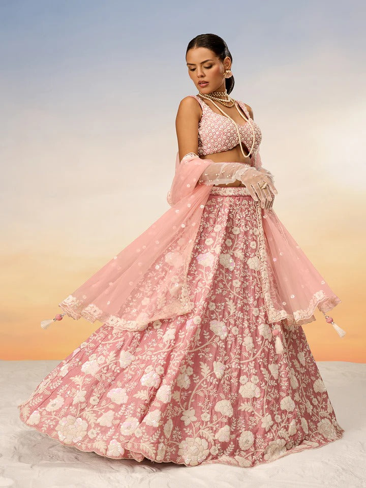 White Color Sequined Chinon Embroidered Semi-Stitched Lehenga choli green Lehenga