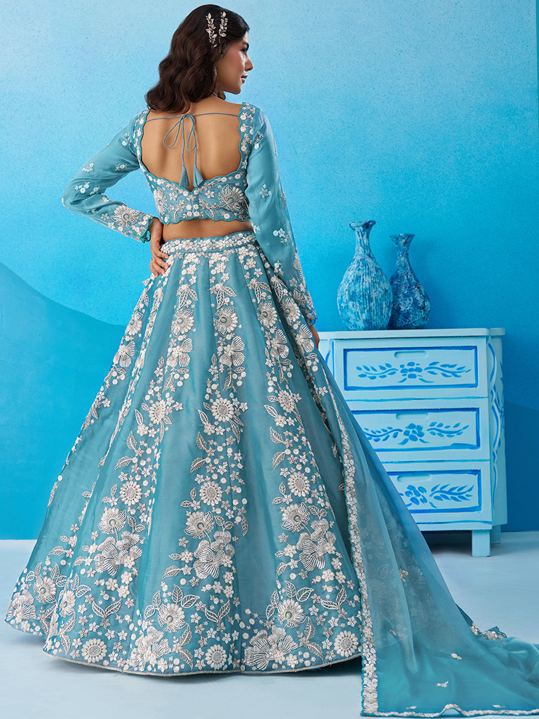 Blue- Organza Heavy Beads with Sequins Embroidered Lehenga 6265