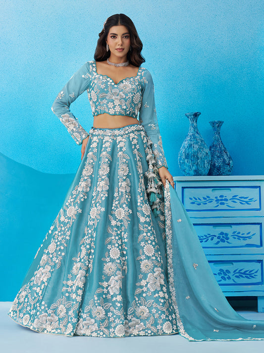 Sea green- Organza Heavy Beads with Sequins Embroidered Lehenga 6265