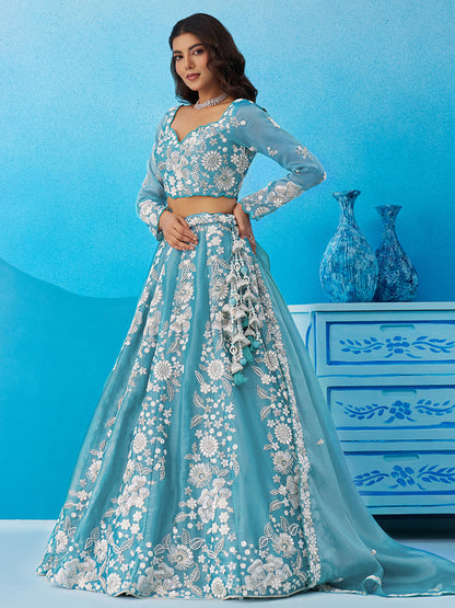 Blue- Organza Heavy Beads with Sequins Embroidered Lehenga 6265