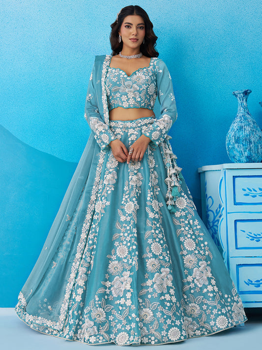 Sea green- Organza Heavy Beads with Sequins Embroidered Lehenga 6265