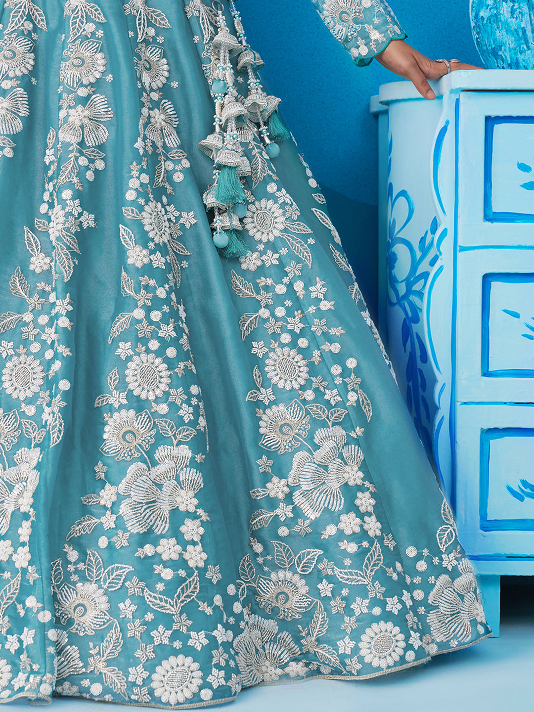 Blue- Organza Heavy Beads with Sequins Embroidered Lehenga 6265