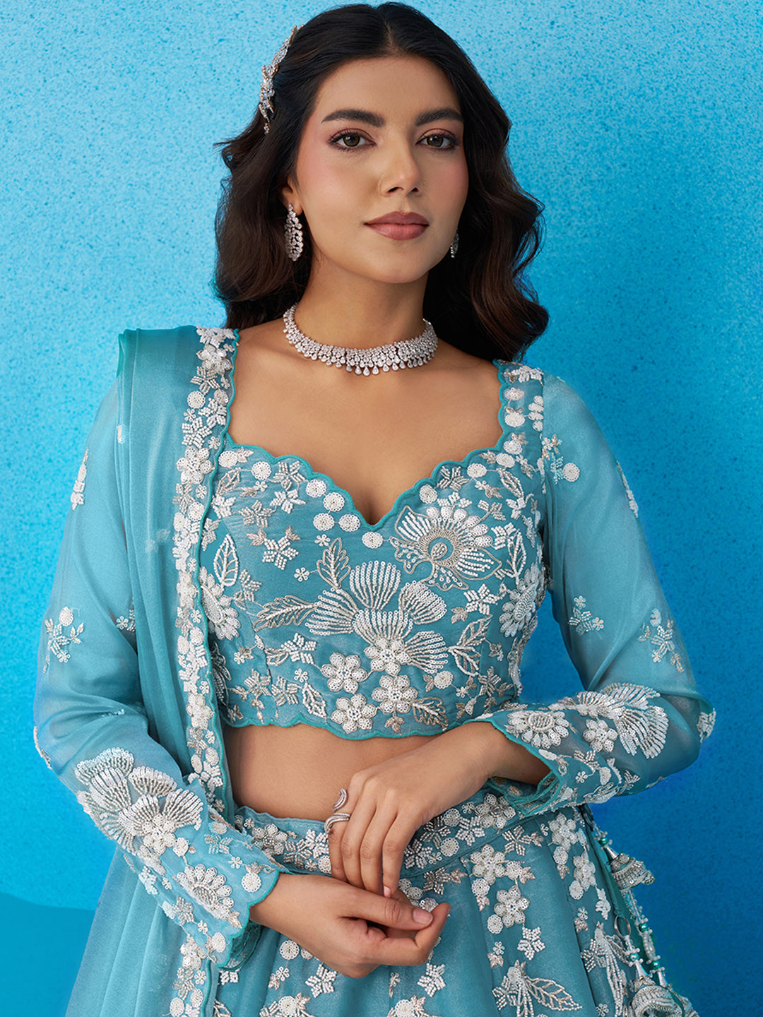 Blue- Organza Heavy Beads with Sequins Embroidered Lehenga 6265
