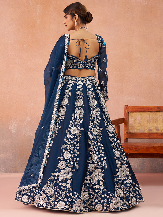 Blue- Organza Heavy Beads with Sequins Embroidered Lehenga 6265