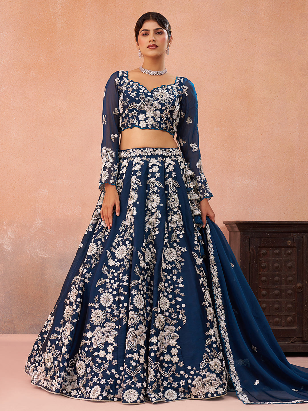 Blue- Organza Heavy Beads with Sequins Embroidered Lehenga 6265