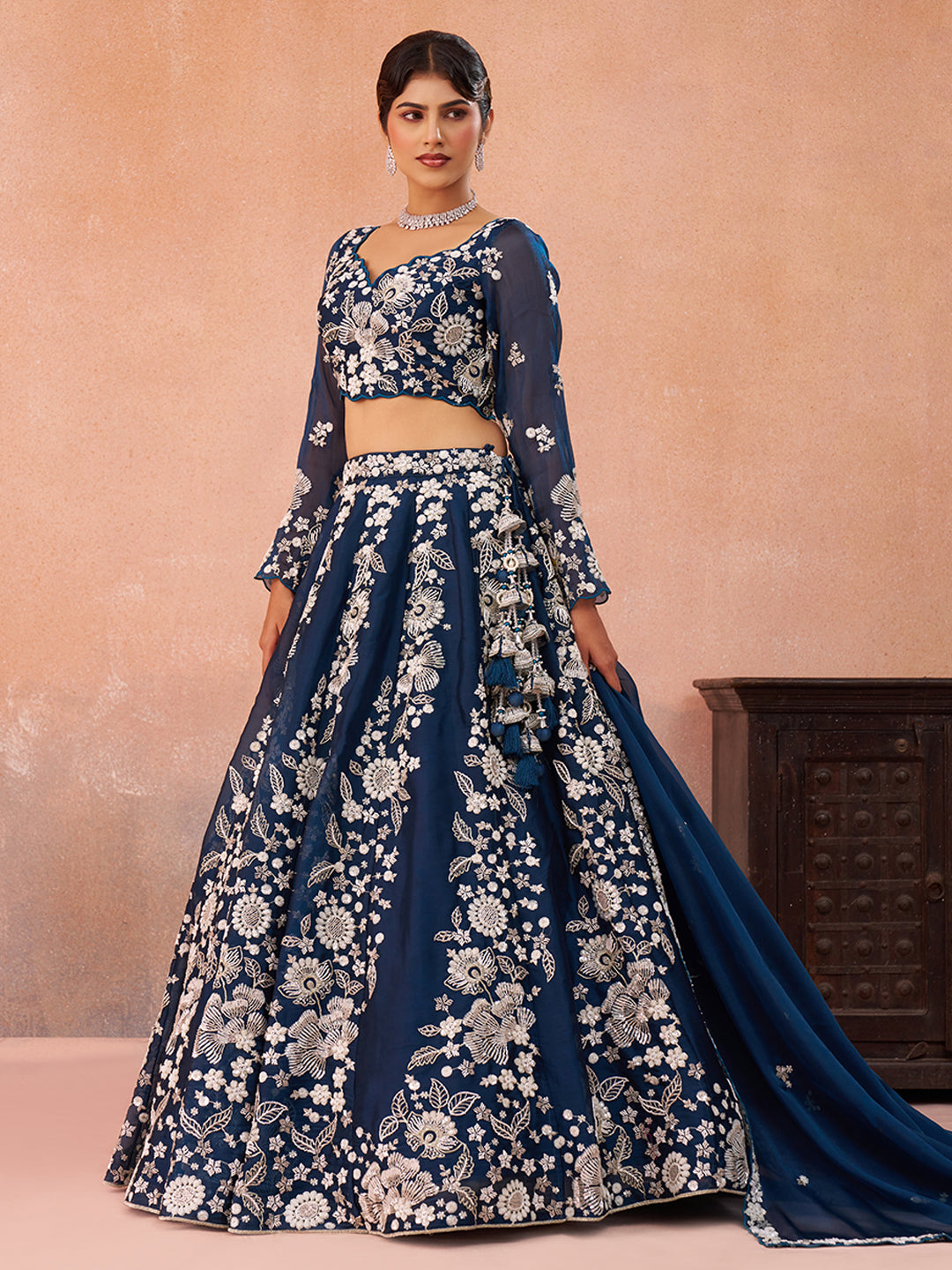 Blue- Organza Heavy Beads with Sequins Embroidered Lehenga 6265