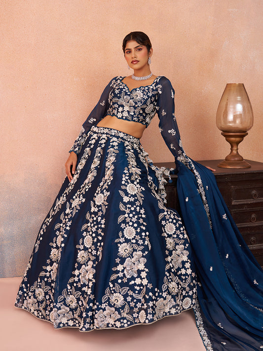 Blue- Organza Heavy Beads with Sequins Embroidered Lehenga 6265