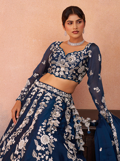 Blue- Organza Heavy Beads with Sequins Embroidered Lehenga 6265