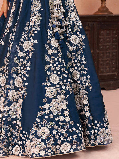 Blue- Organza Heavy Beads with Sequins Embroidered Lehenga 6265