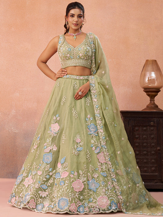 Pista green- Tissue Beads & Sequinned Floral Embroidered Lehenga 6241