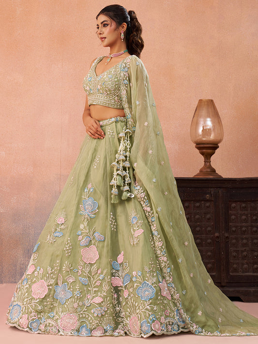 Pista green- Tissue Beads & Sequinned Floral Embroidered Lehenga 6241