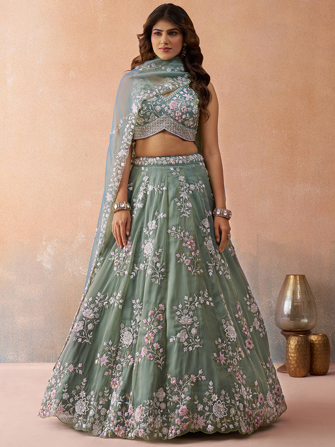 Green- Tissue Beads & Sequins Embroidered Lehenga 6192 (Copy)