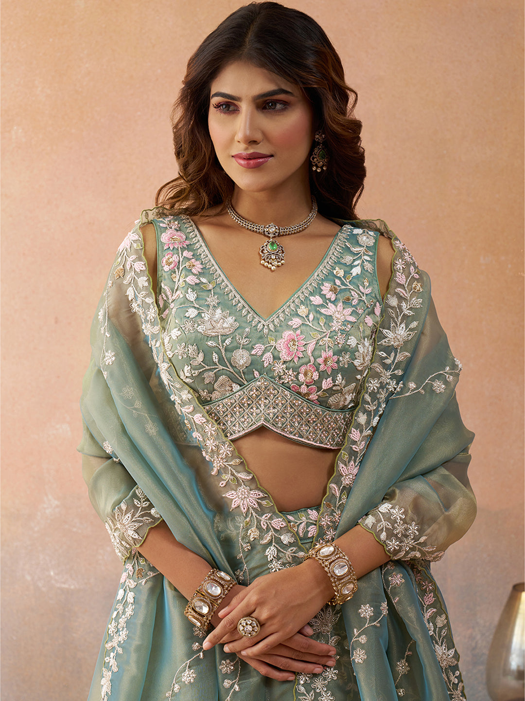 Green- Tissue Beads & Sequins Embroidered Lehenga 6192 (Copy)