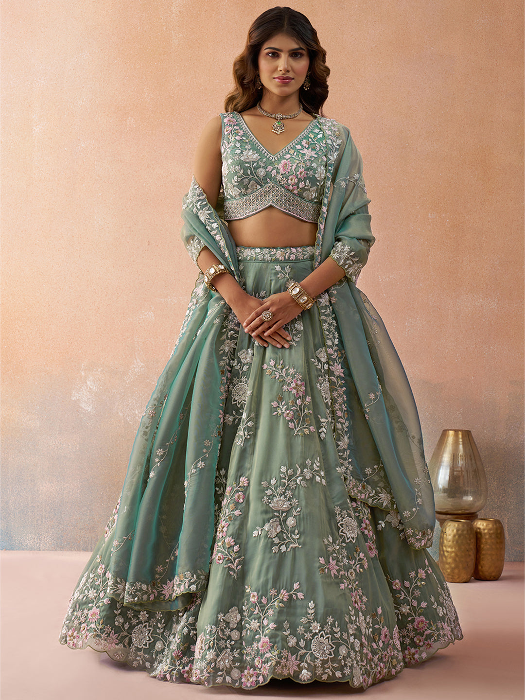 Green- Tissue Beads & Sequins Embroidered Lehenga 6192 (Copy)