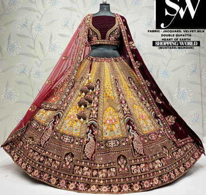 Amazing mustard maroon double  dupatta jacquard velvet silk bridal lehenga