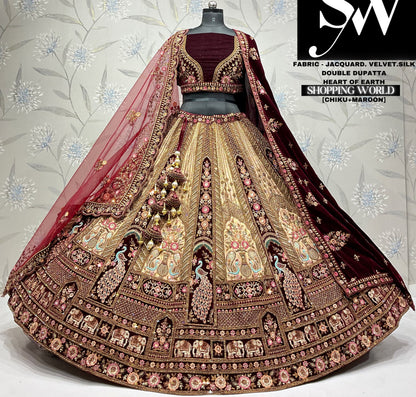 Amazing mustard maroon double  dupatta jacquard velvet silk bridal lehenga