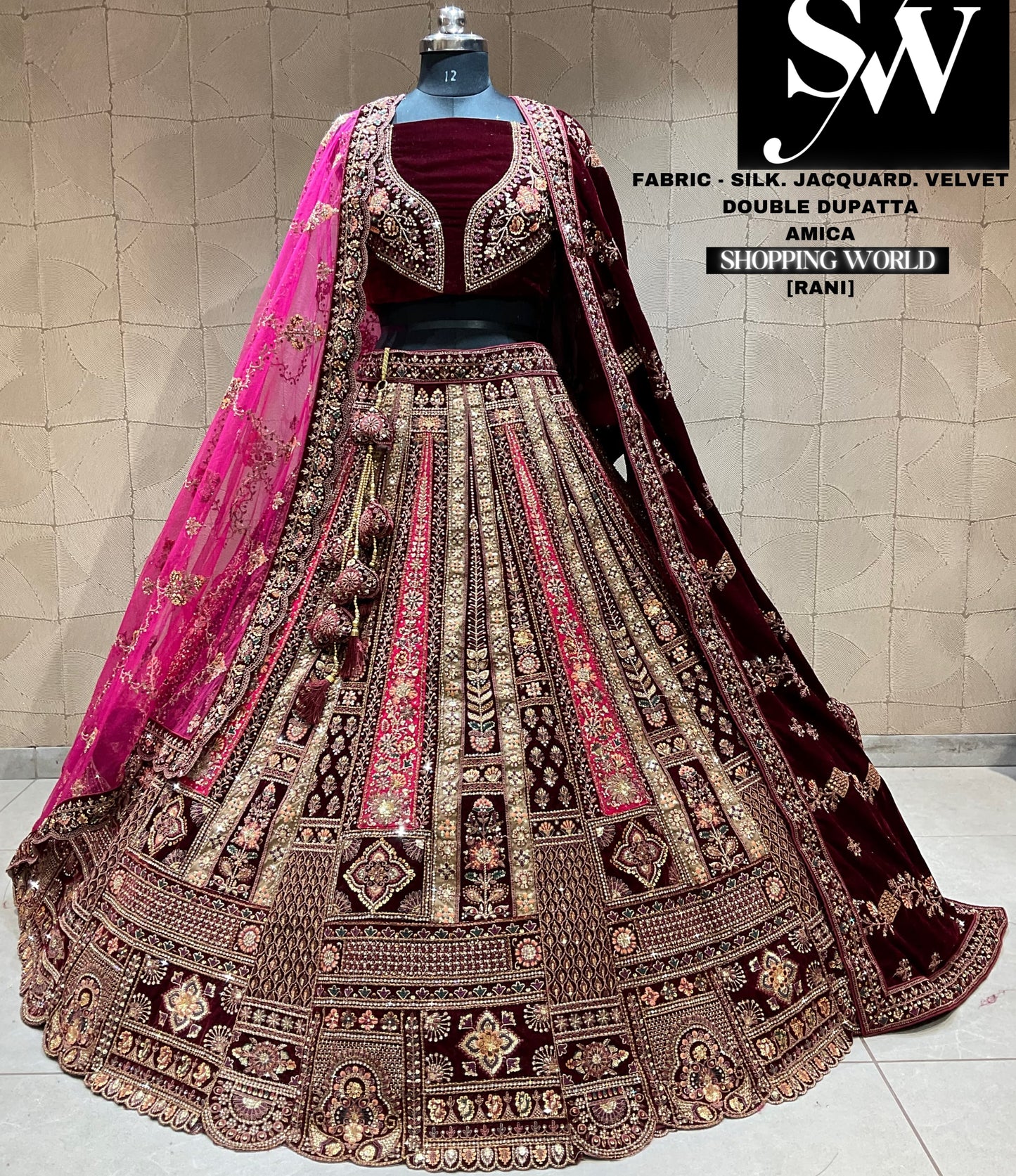 Attractive maroon double dupatta jacquard velvet silk bridal lehenga