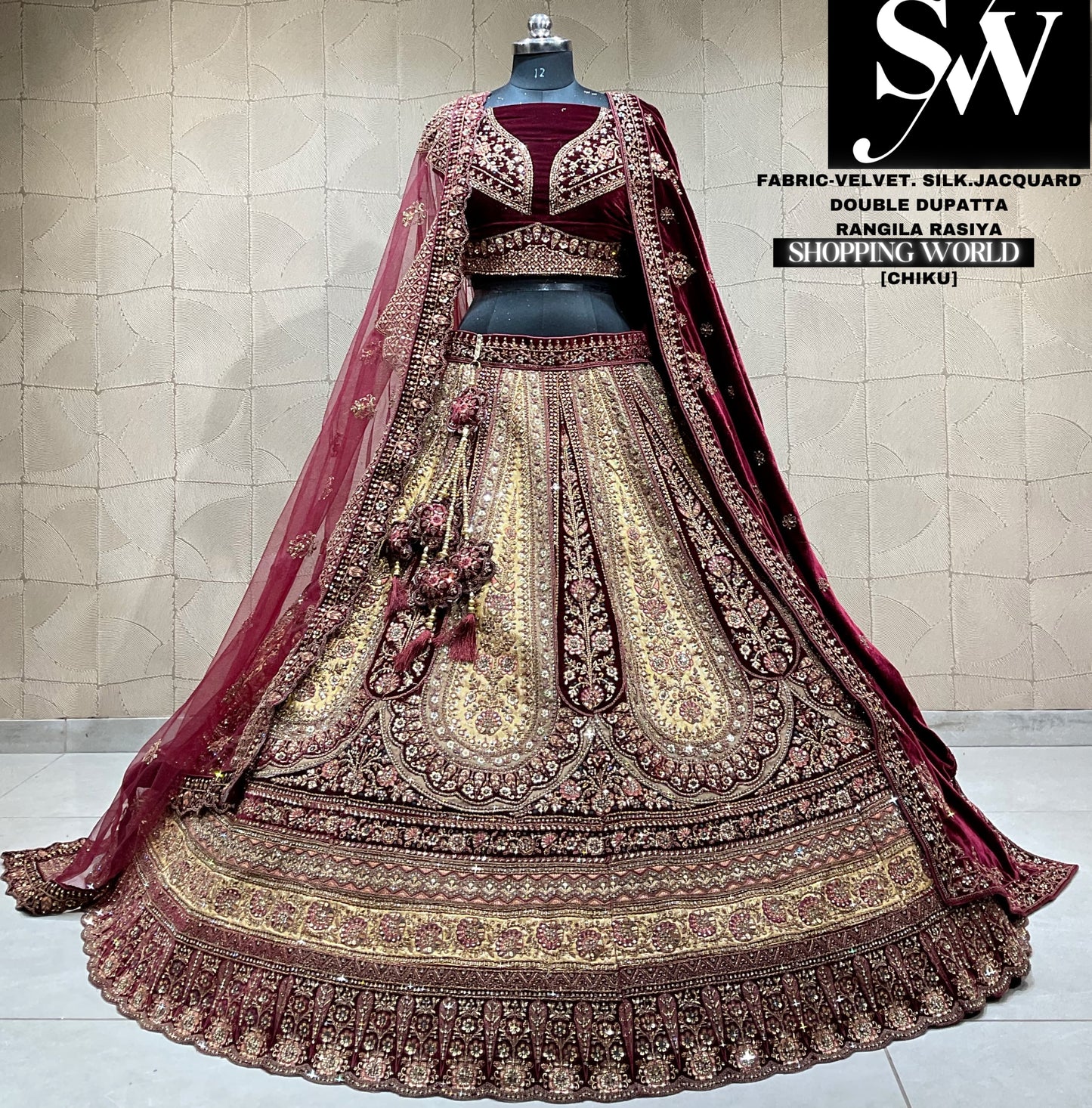 Astonishing golden maroon double dupatta jacquard velvet silk bridal lehenga