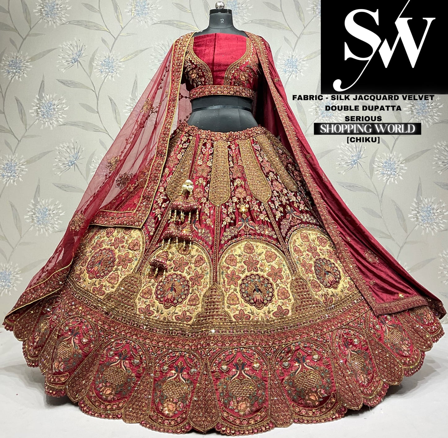 Something different chiku maroon double dupatta jacquard velvet silk bridal lehenga