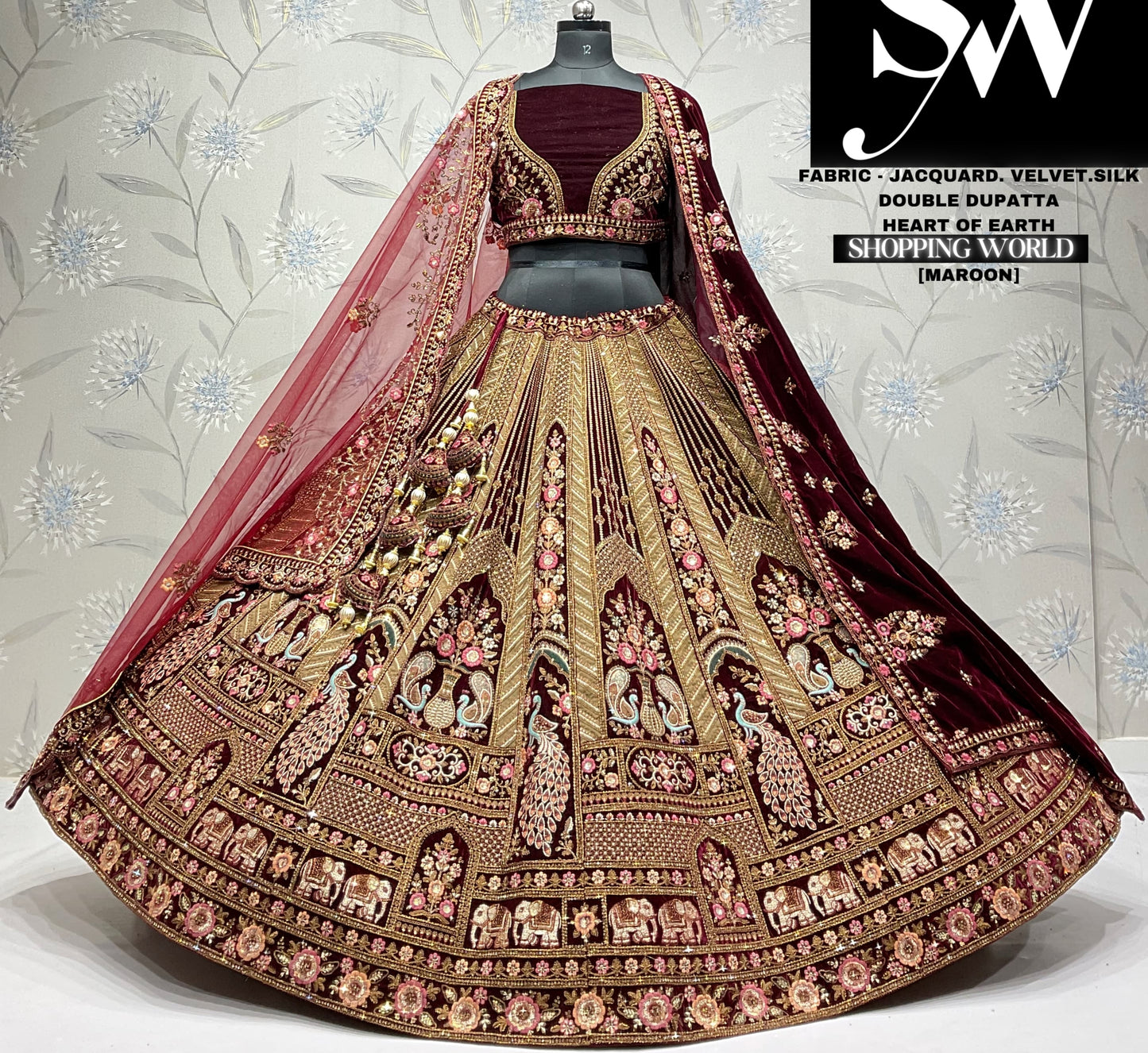 Tremendous maroon double  dupatta jacquard velvet silk bridal lehenga