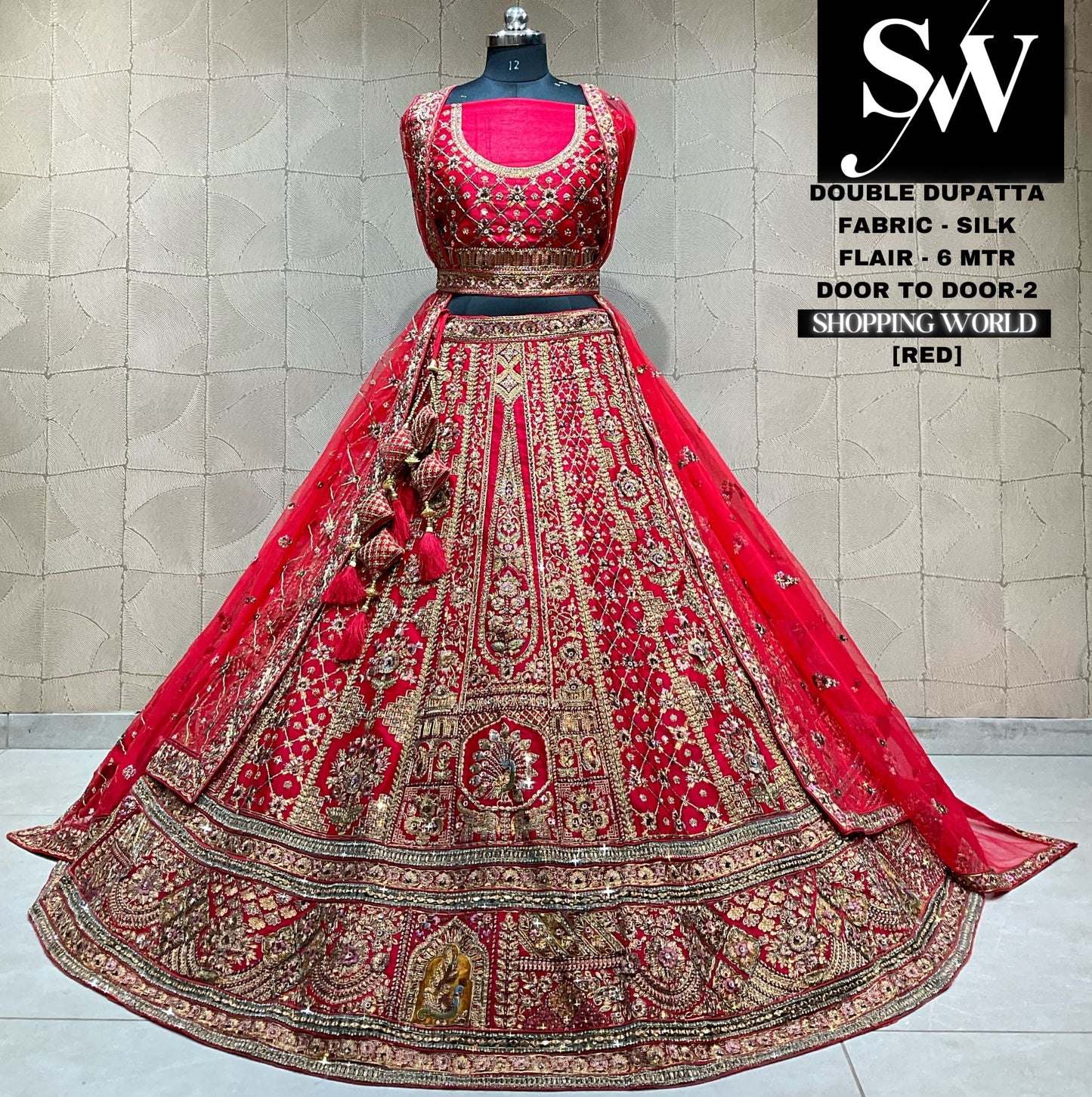 Heavy Rajwada red bridal double dupatta silk 6 metre flair lehenga