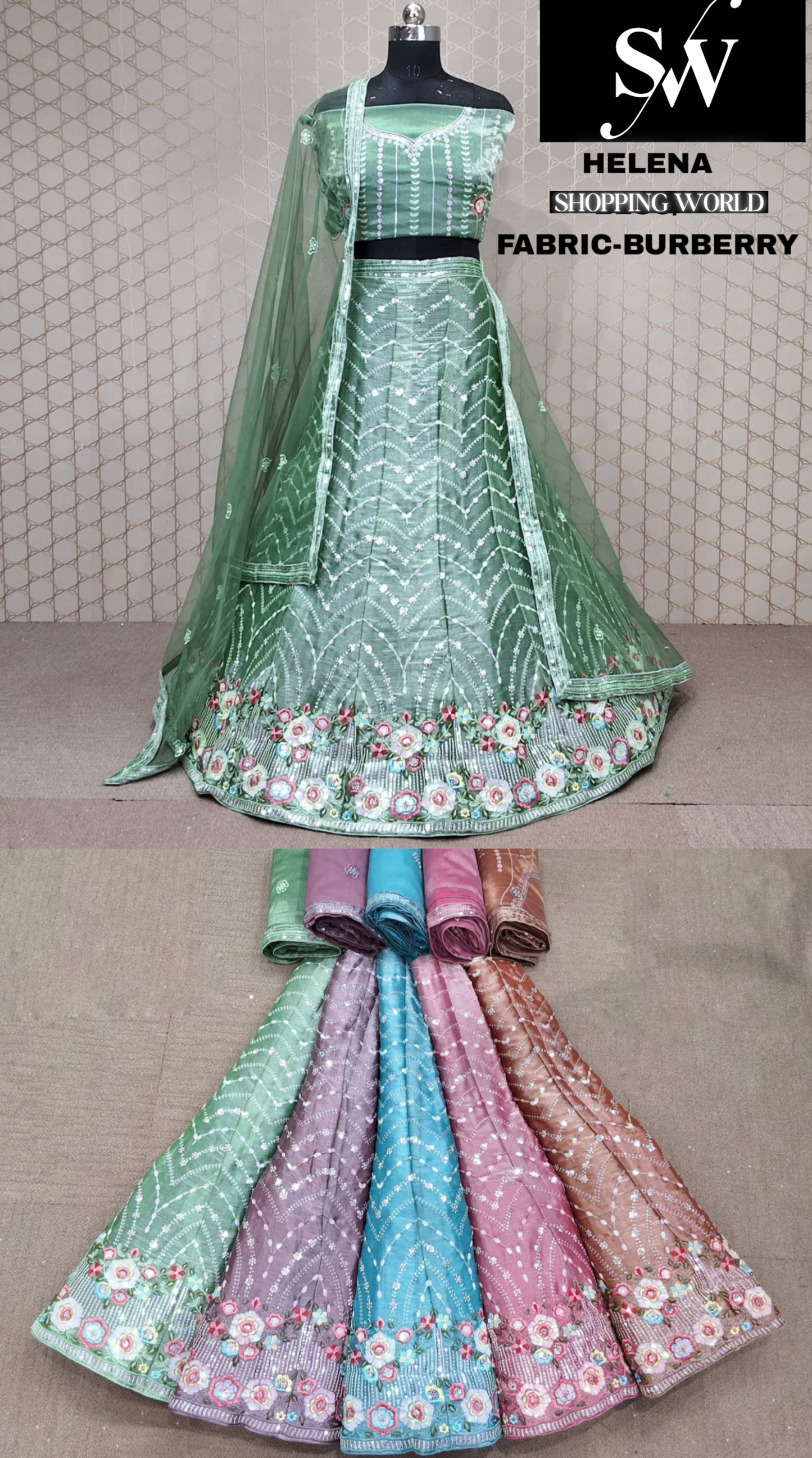 Green Lehenga Burberry  fabric