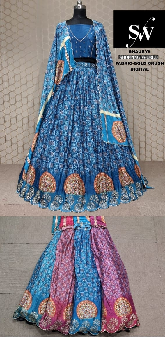 Sky blue Lehenga gold crush Digital fabric