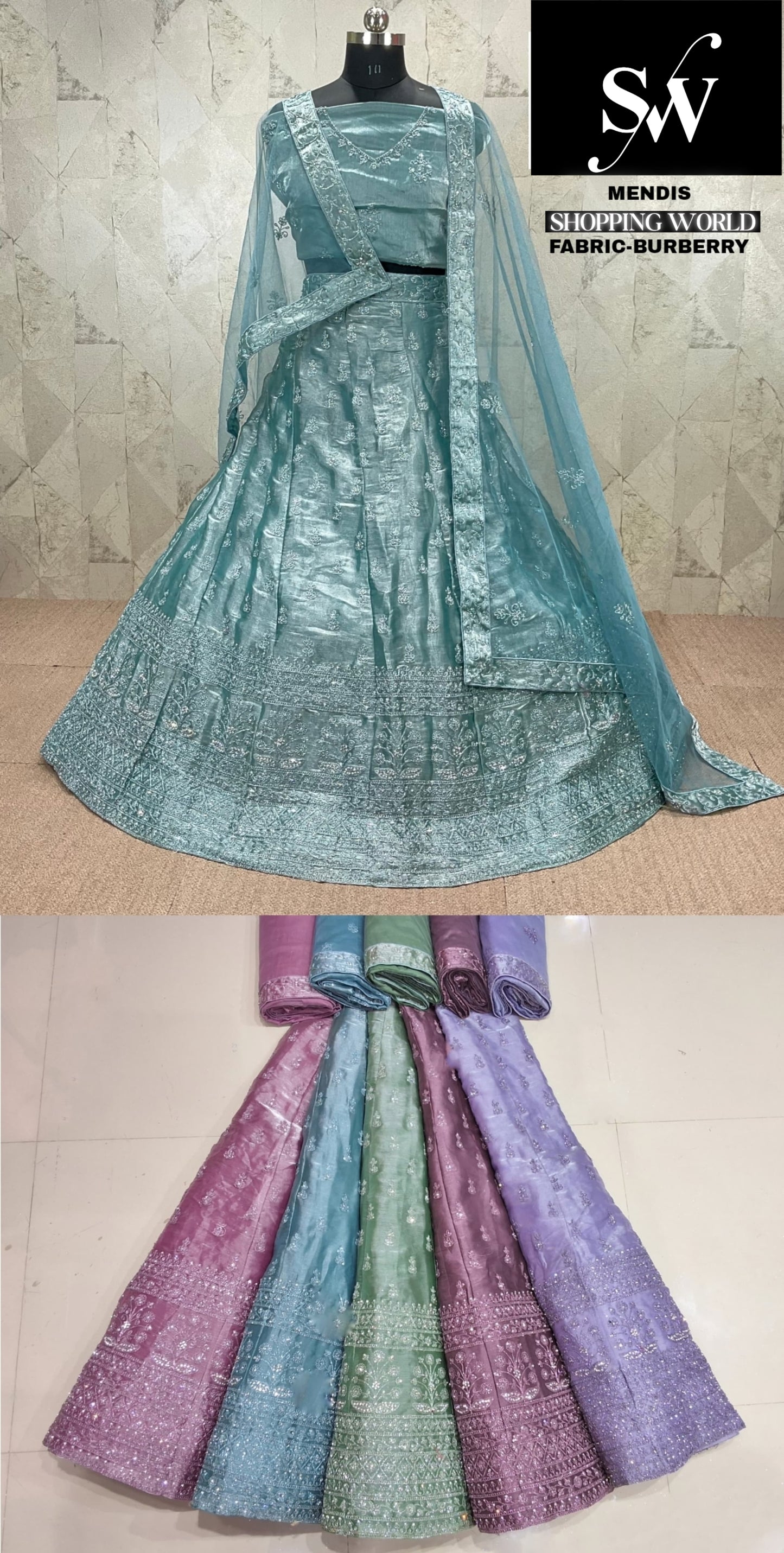 Sky blue Lehenga Burberry fabric