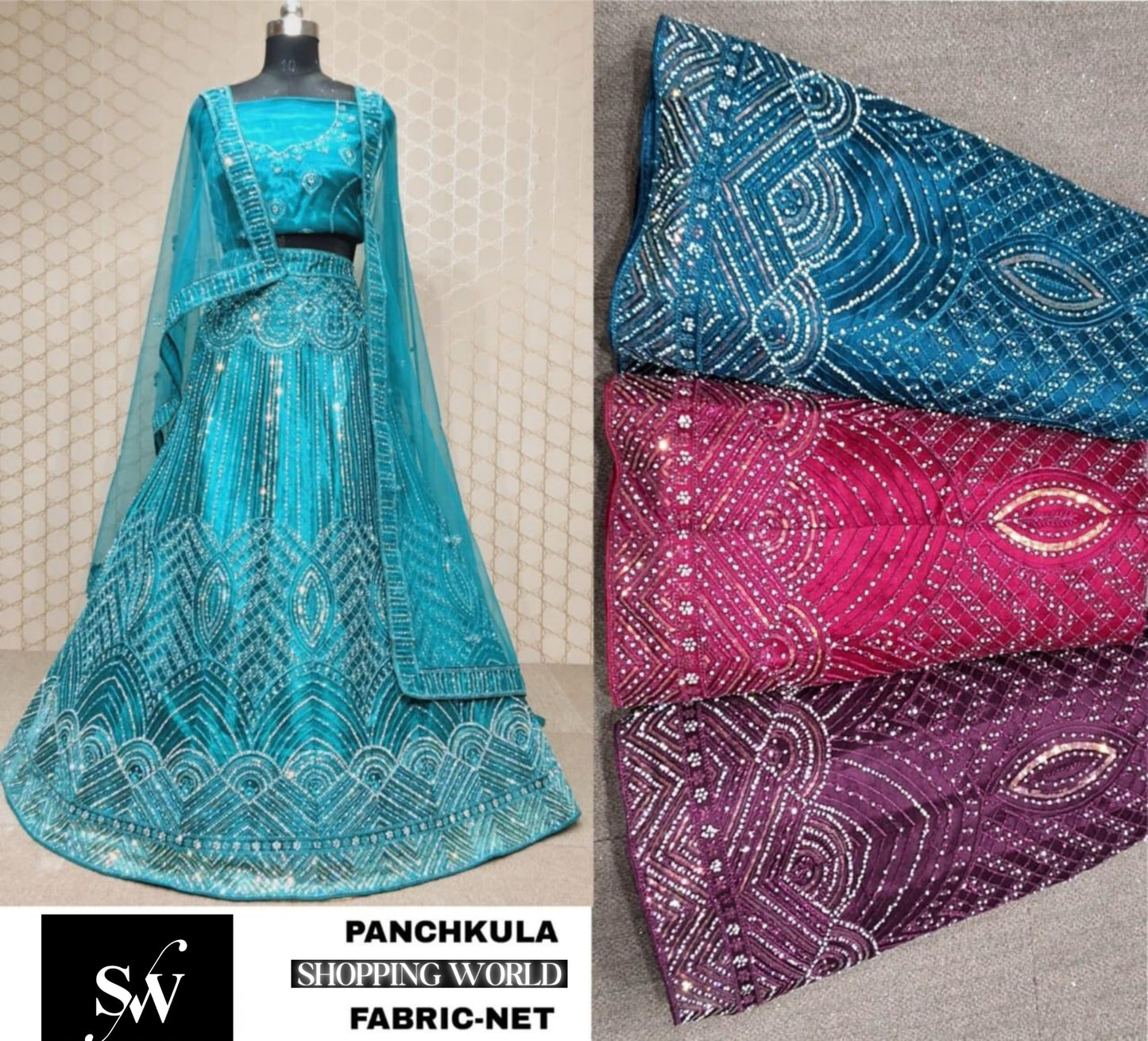 Green AQUA BLUE Lehenga Net fabric
