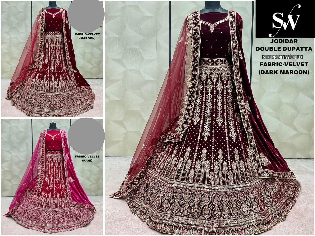 Maroon embroidered traditional outfit with matching dupatta on a light gray background