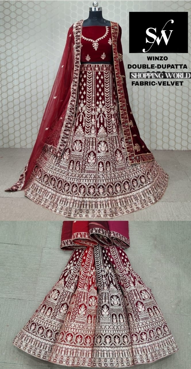 Maroon Double duptta Bridal Lehenga Velvet Fabric
