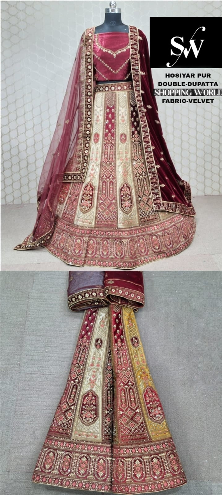 Ivory maroon Double duptta Bridal Lehenga Velvet Fabric