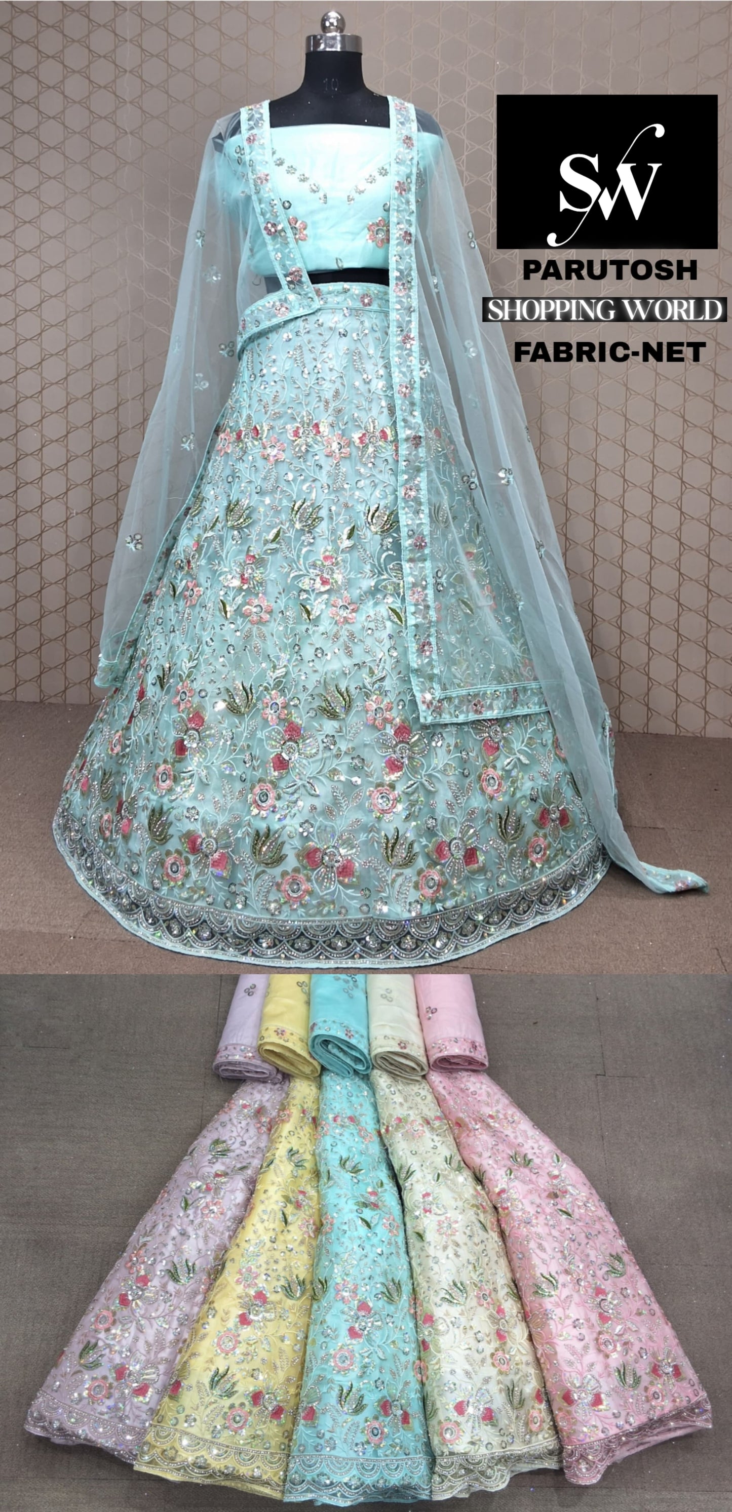 Sky blue Lehenga Net fabric