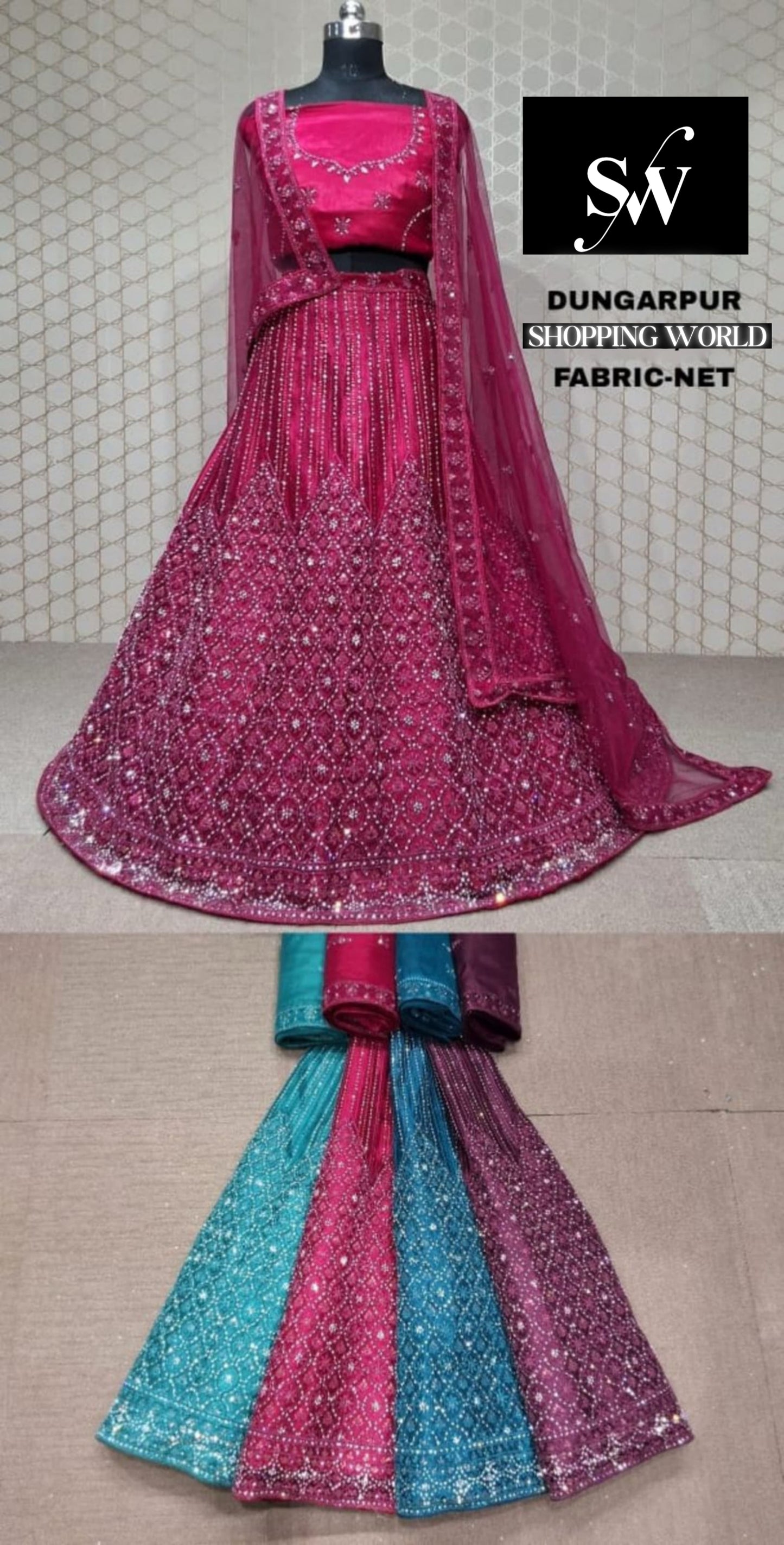 Tela de red Lehenga de color rosa intenso