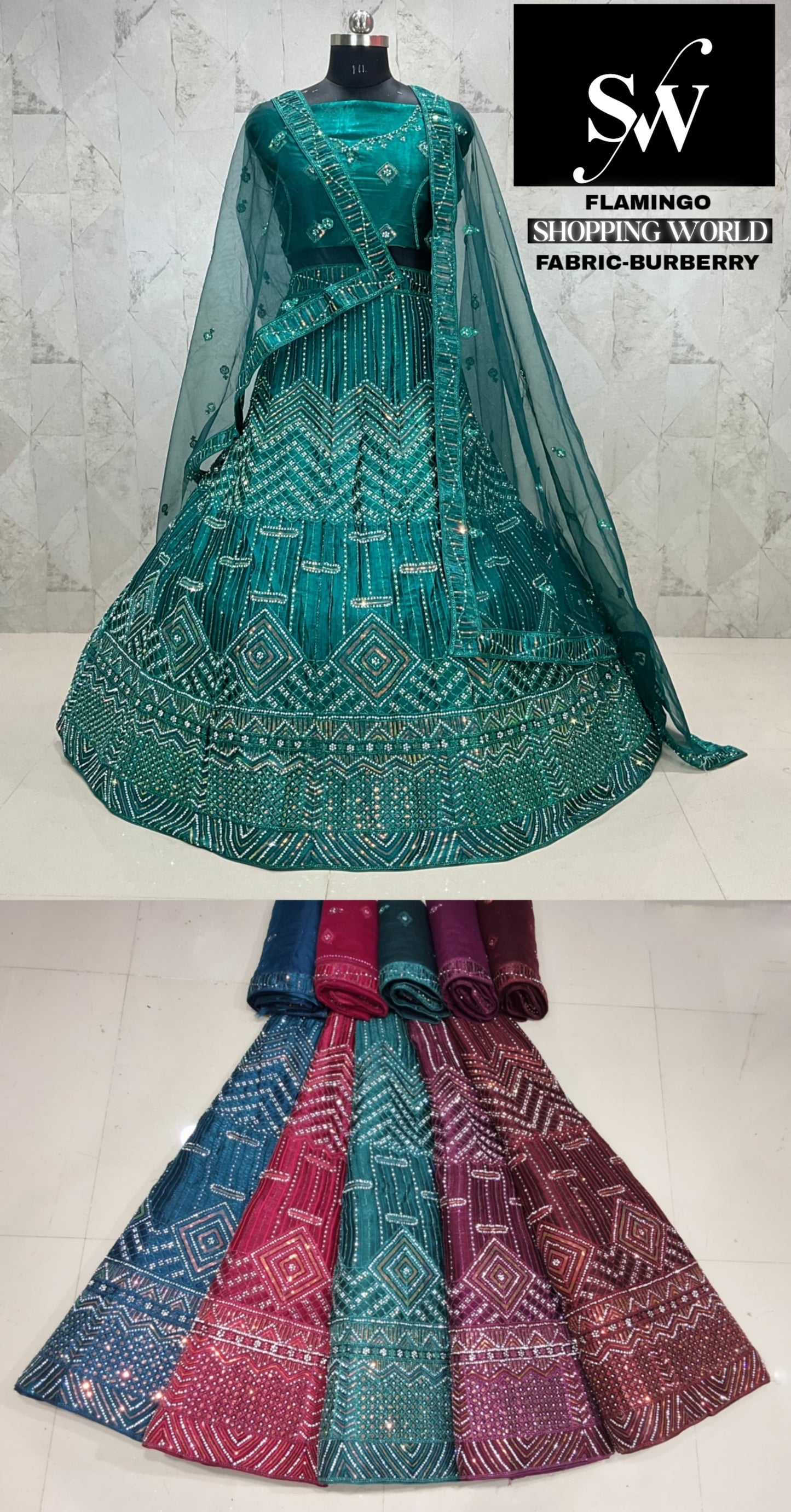 Teal Blue Lehenga Burberry fabric