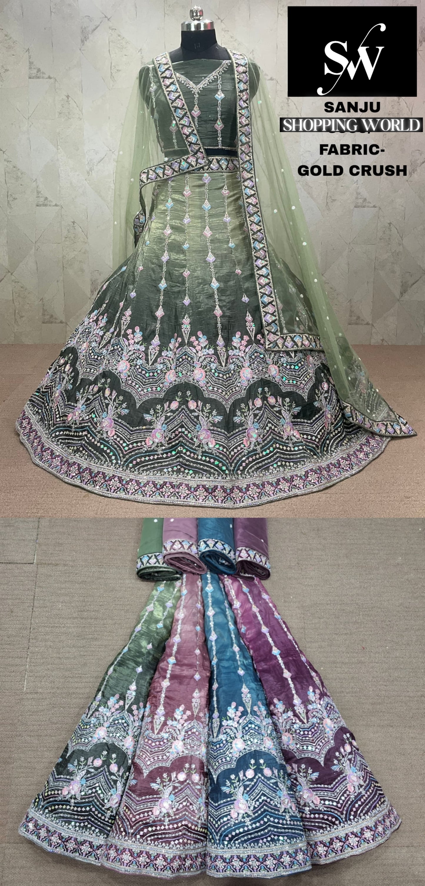 Green Lehenga gold crush fabric