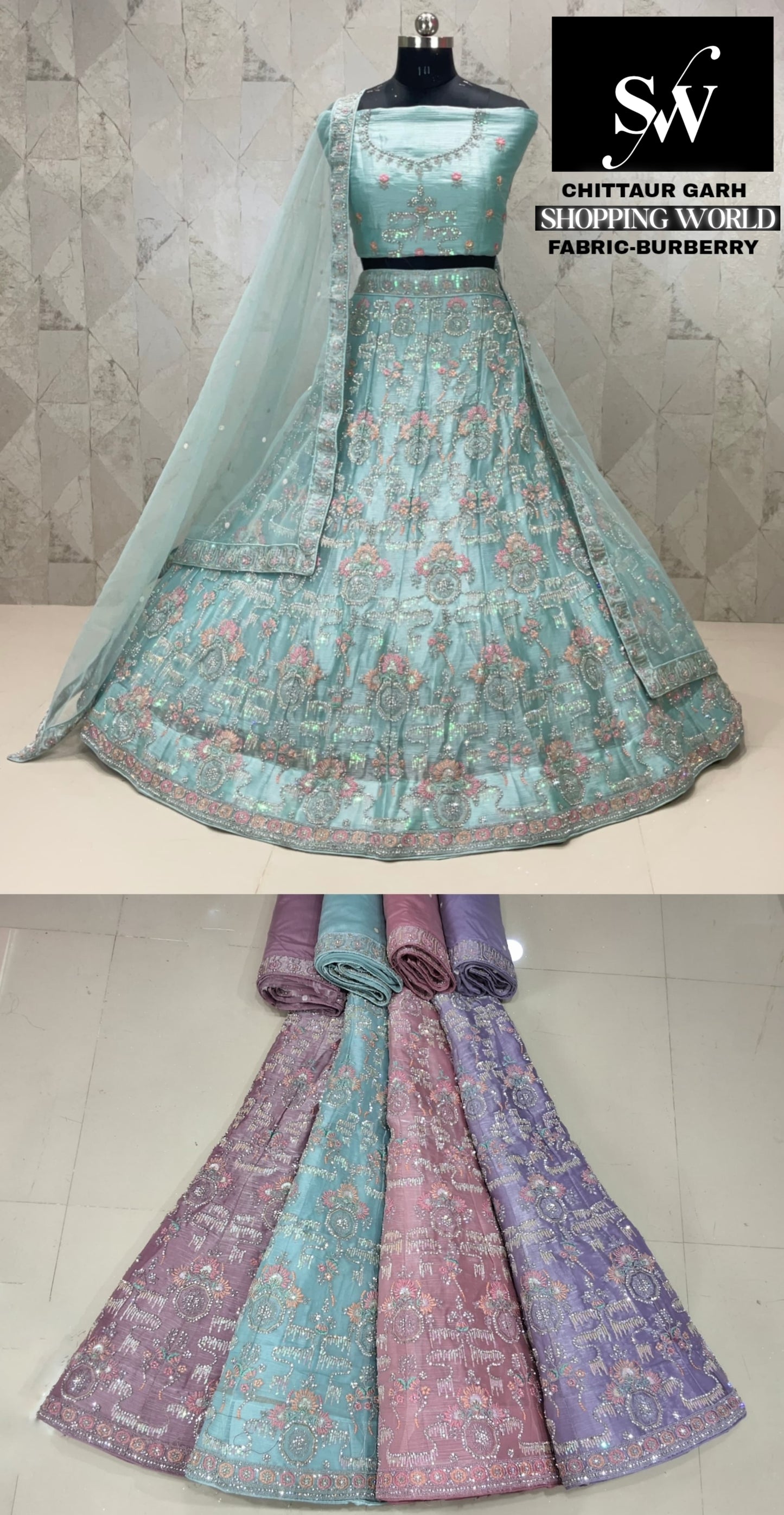 Sky blue Lehenga Burberry fabric