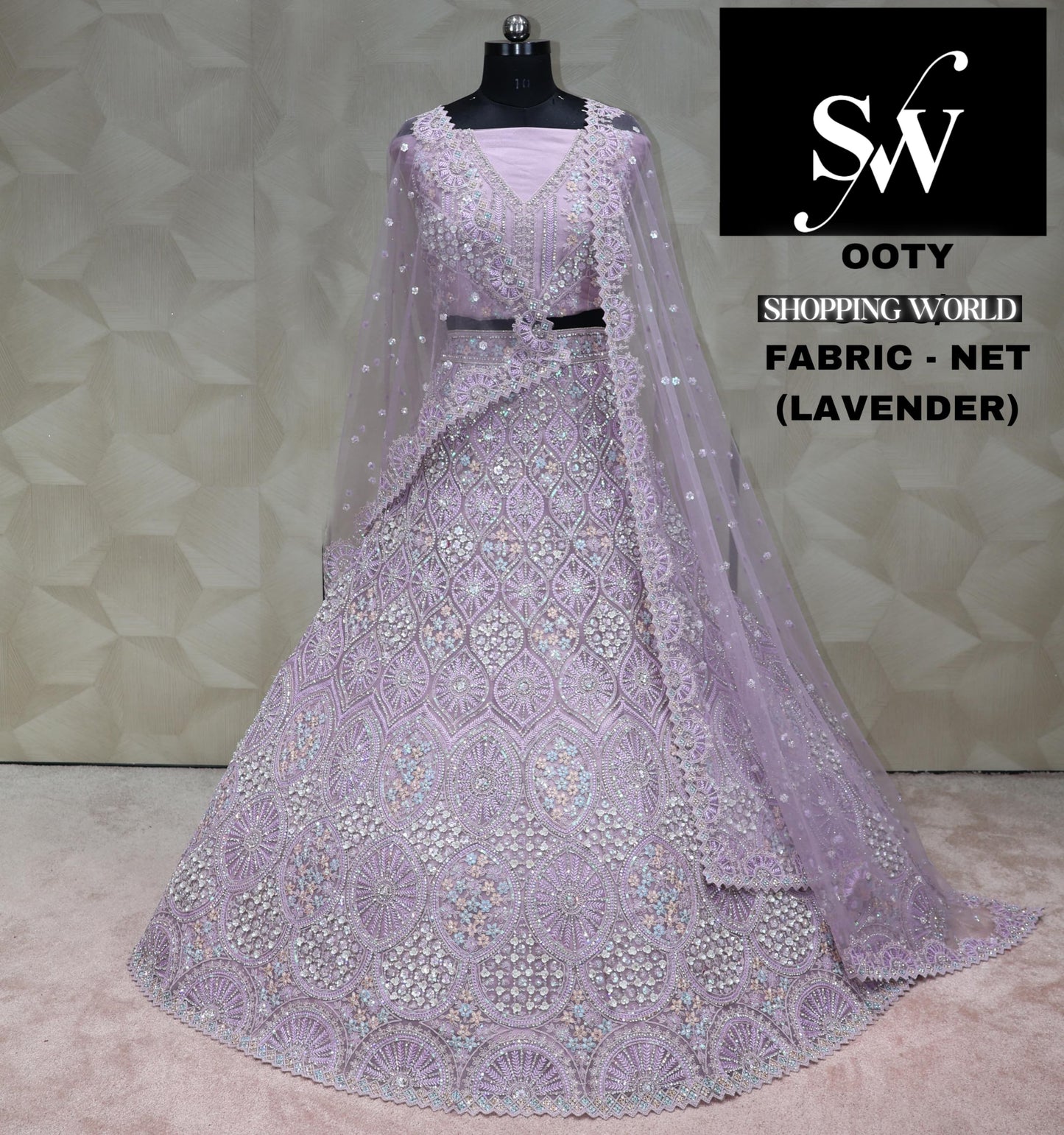 Tela de red Lehenga color lavanda