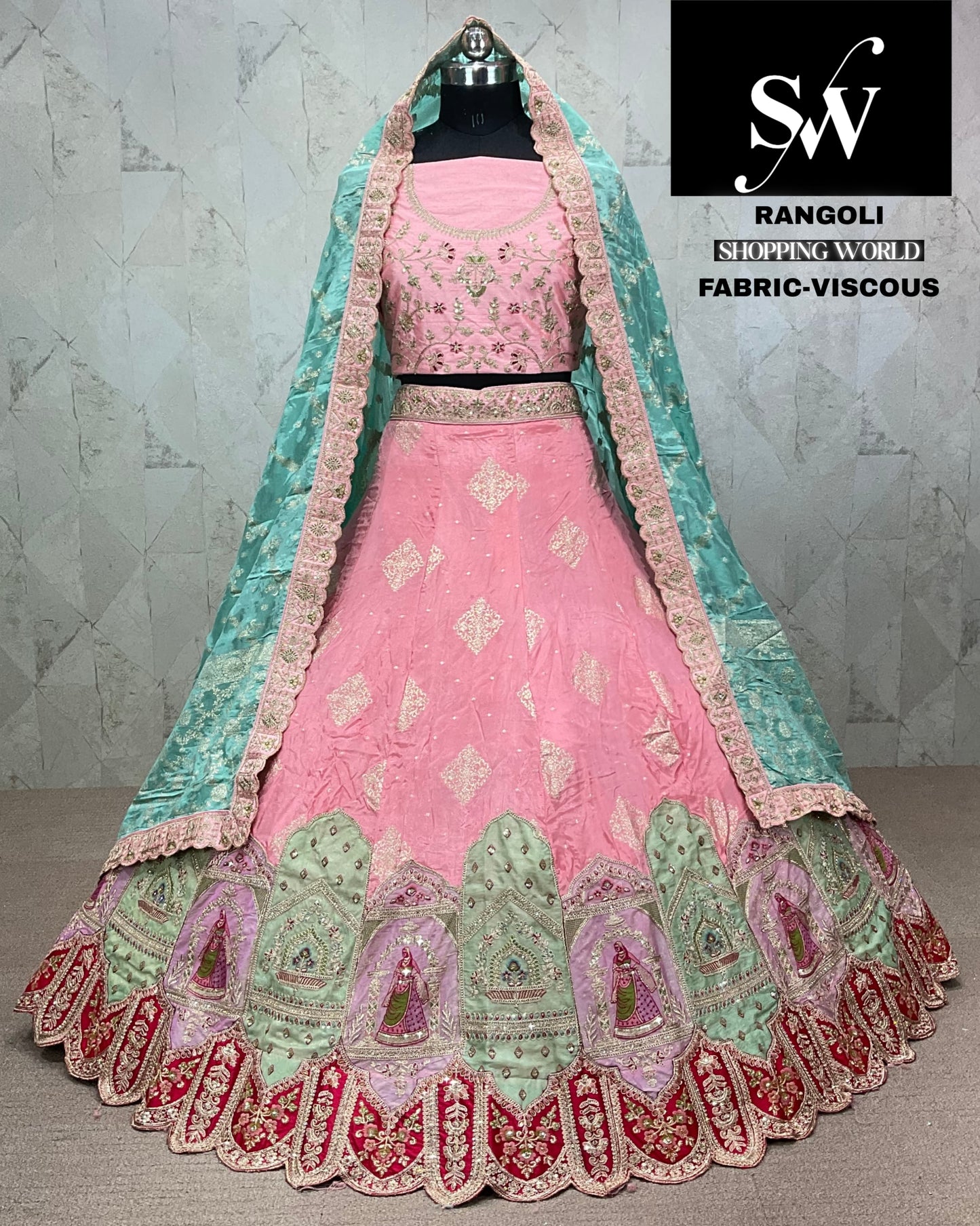 Tela viscosa Lehenga rosa
