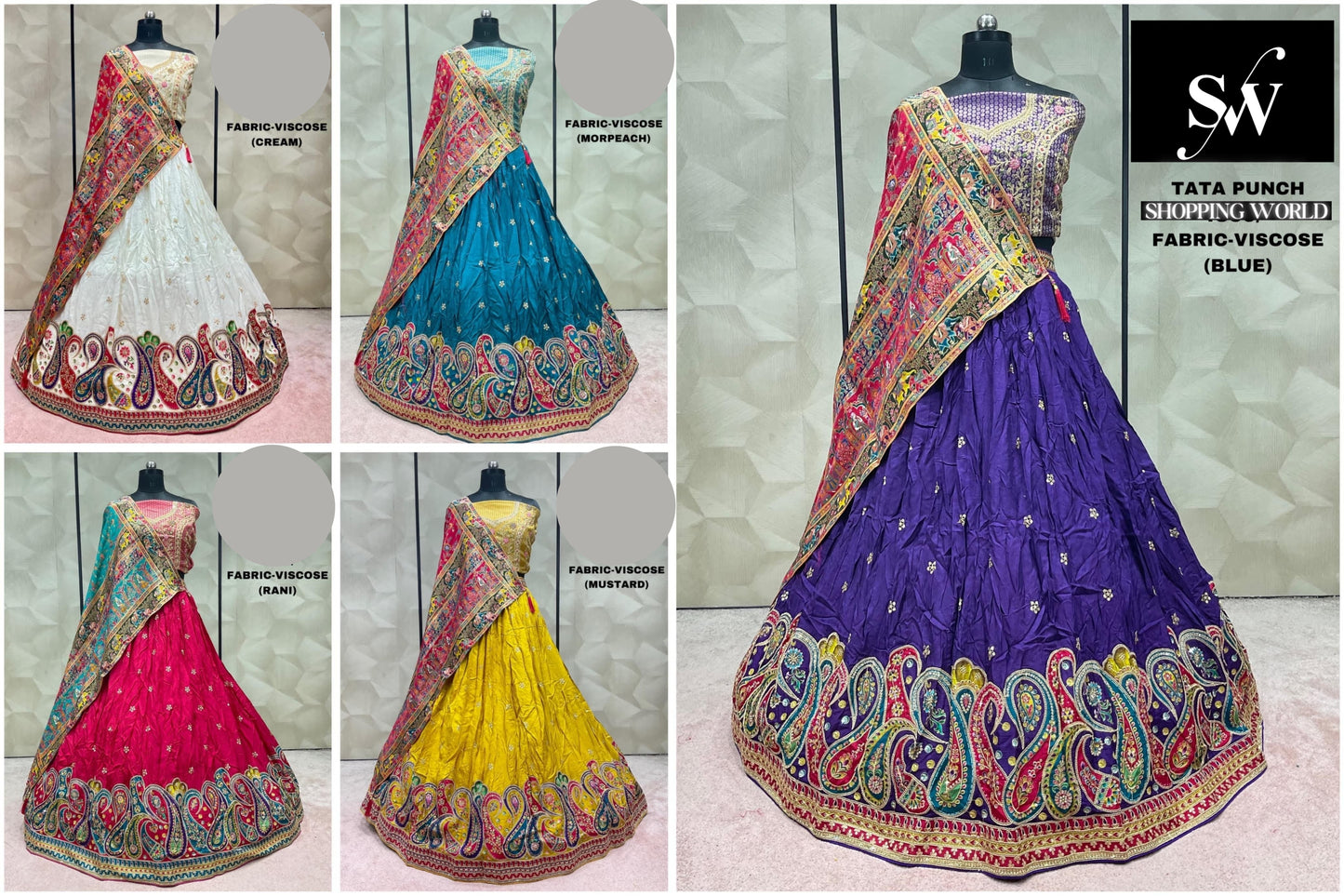 Collage of traditional dresses with colorful sarees and lehengas on mannequins.