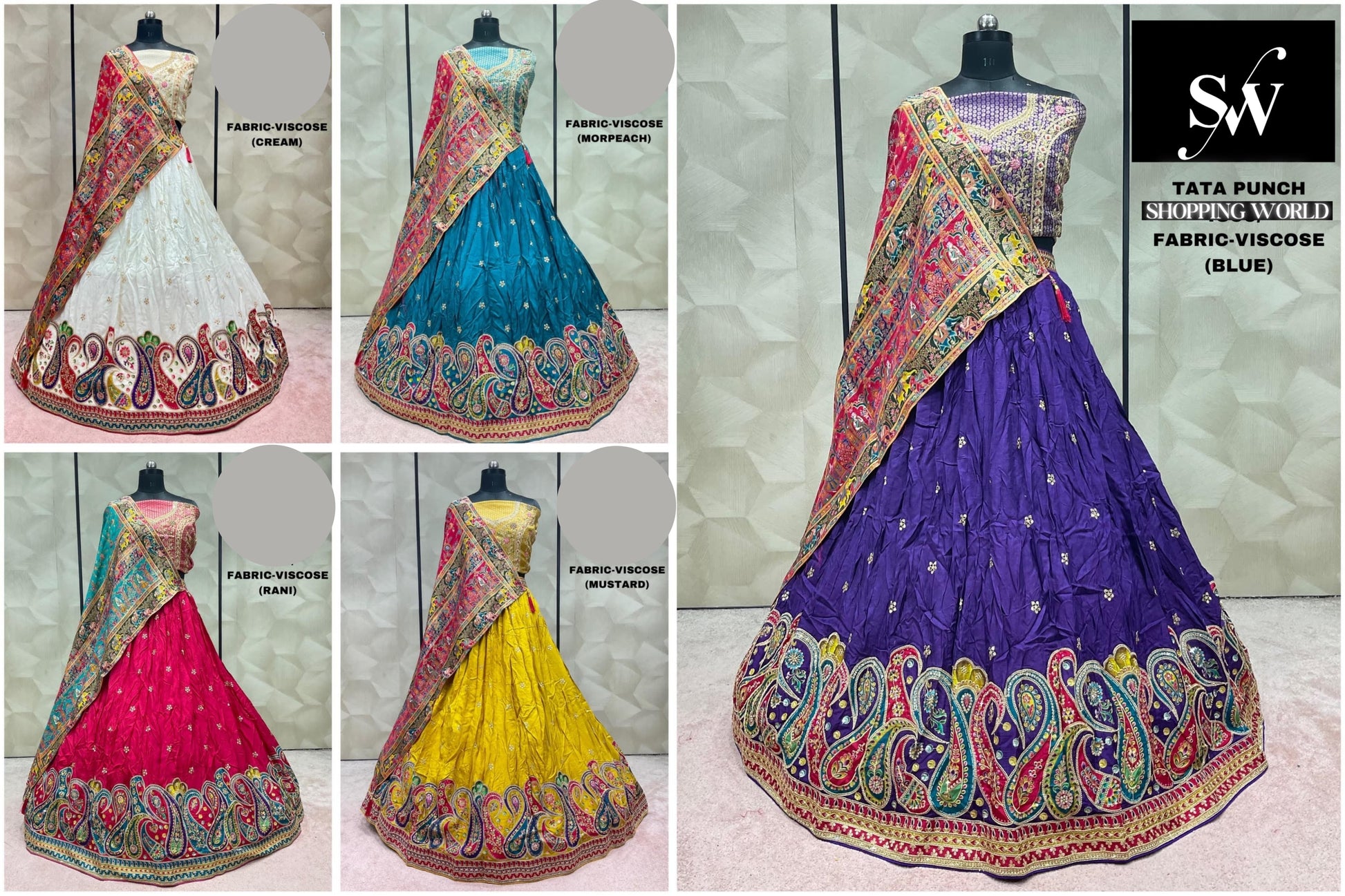 Collage of traditional dresses with colorful sarees and lehengas on mannequins.